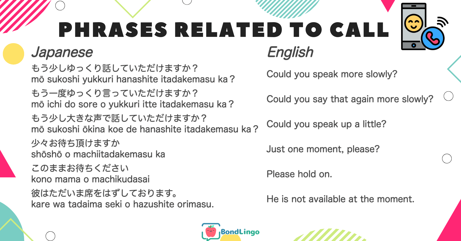 Japanese Phrases Related to Phone Calls. source: bondlingo.tv. 